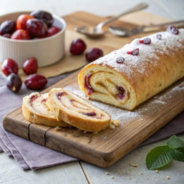 Ciasto drożdżowe z serem i śliwkami w formie strucli