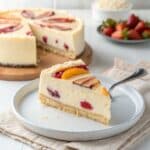 Przekrojone ciasto z serem i owocami pokazujące puszystą strukturę