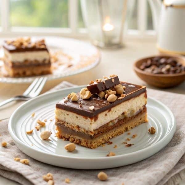 gotowa porcja ciasta kinder bueno bez pieczenia na deserowym talerzu