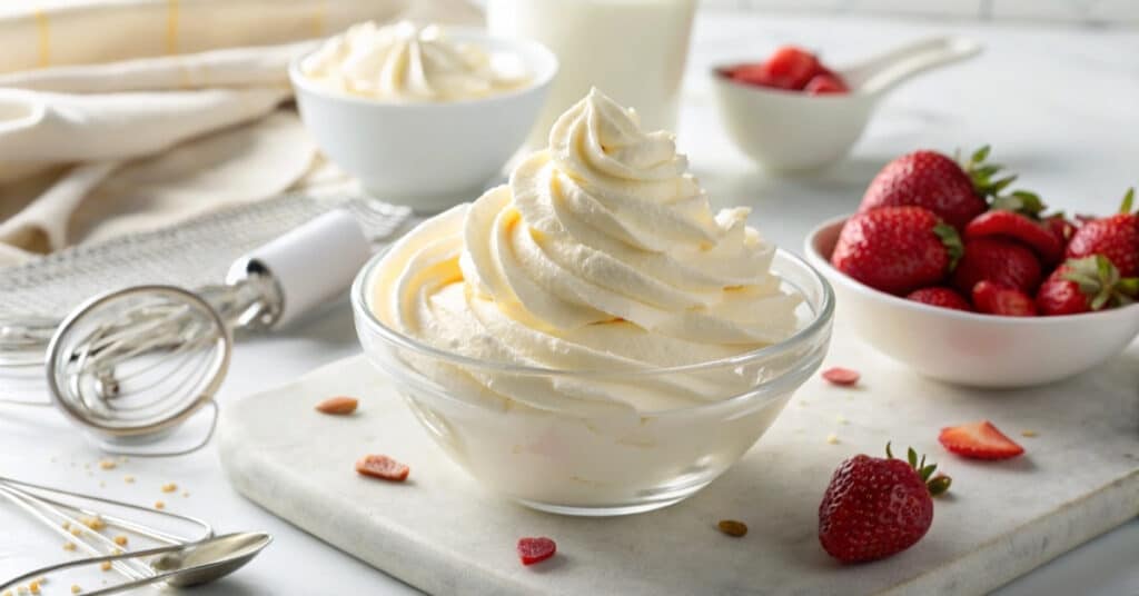 Stabilny krem bita śmietana z mascarpone w misce gotowy do deserów