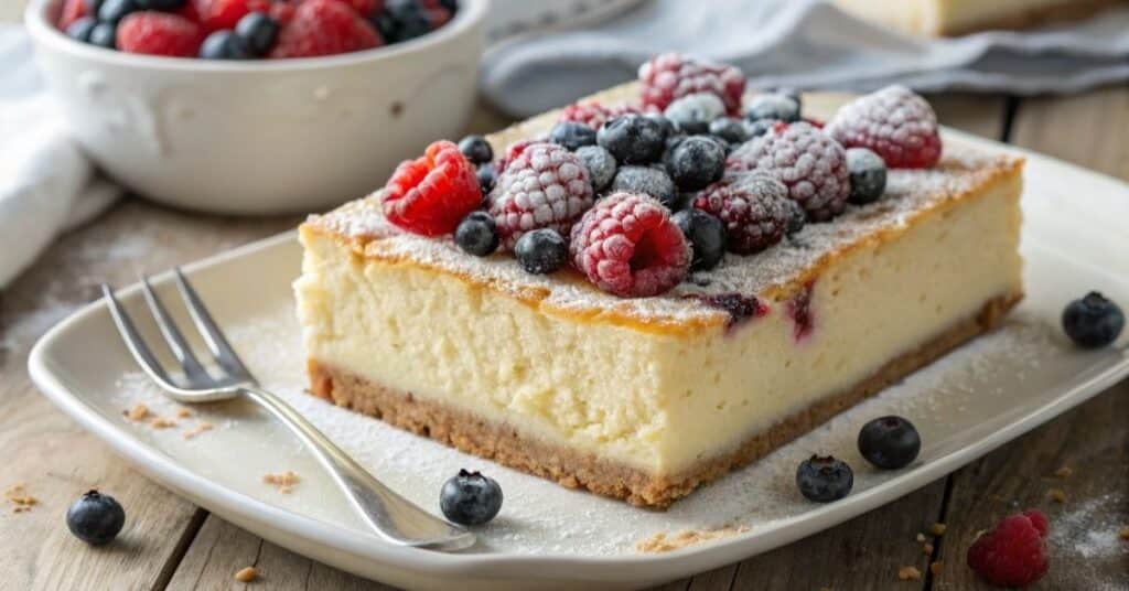 Ciasto serowe puszyste na rustykalnym tle kuchennym