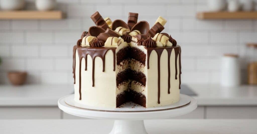 tort kinder bueno udekorowany batonikami i dripem czekoladowym
