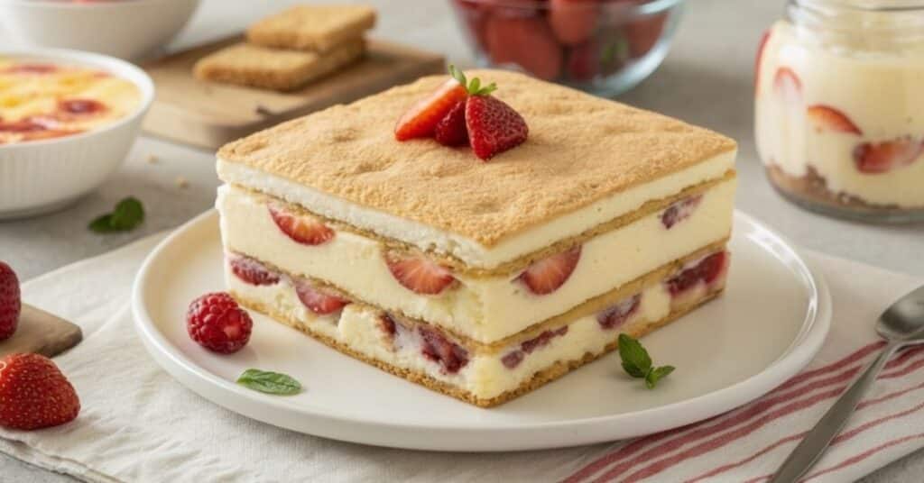 Budyniowiec bez pieczenia z owocami i galaretką na talerzu