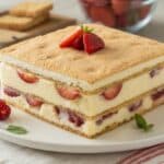 Budyniowiec bez pieczenia z owocami i galaretką na talerzu