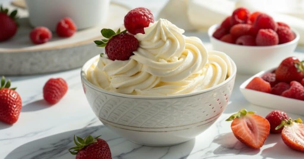 Krem z mascarpone w misce z owocami w jasnej aranżacji na marmurowym blacie