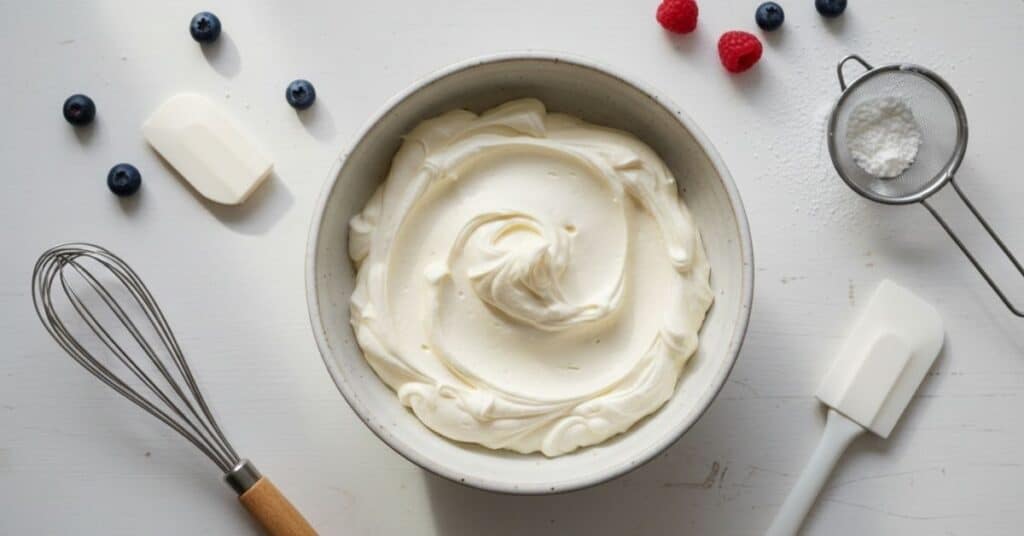 krem z mascarpone i śmietanki w misce gotowy do tortu