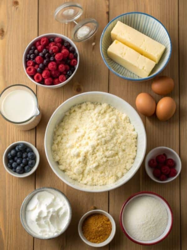 Ciasto serowe składniki rozłożone na blacie kuchennym