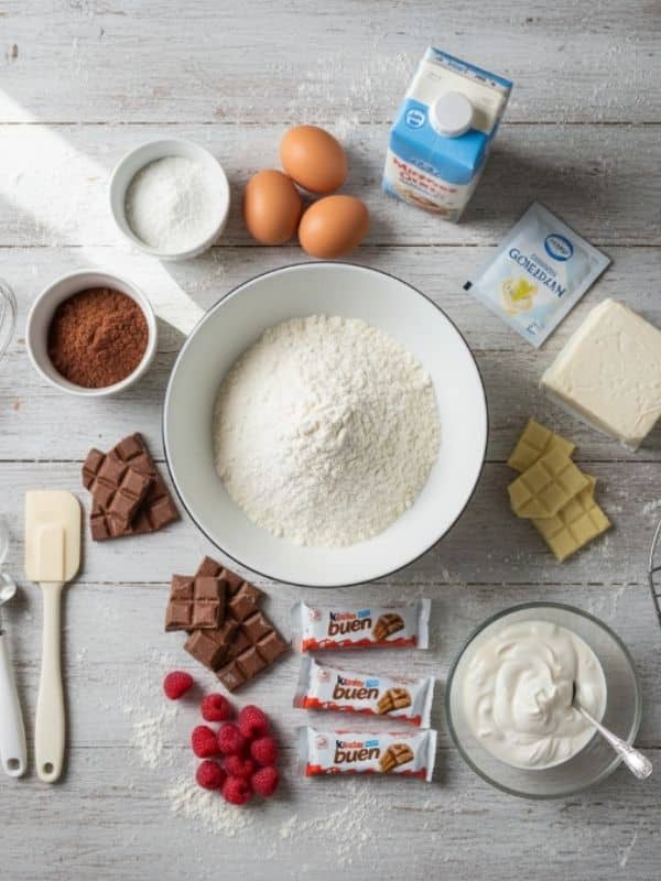 składniki do tortu kinder bueno na blacie kuchennym