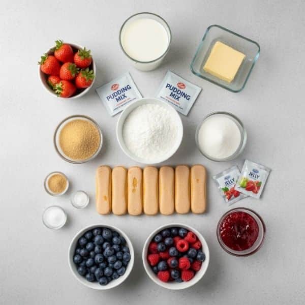 Składniki na budyniowiec bez pieczenia przygotowane na blacie