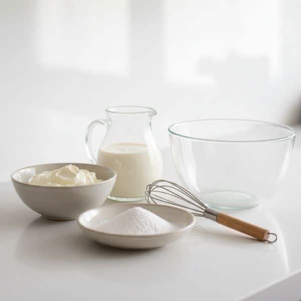 Składniki na krem z mascarpone ustawione na blacie kuchennym