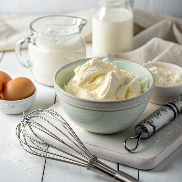 Schłodzone składniki do bita śmietana z mascarpone w misce przed ubijaniem