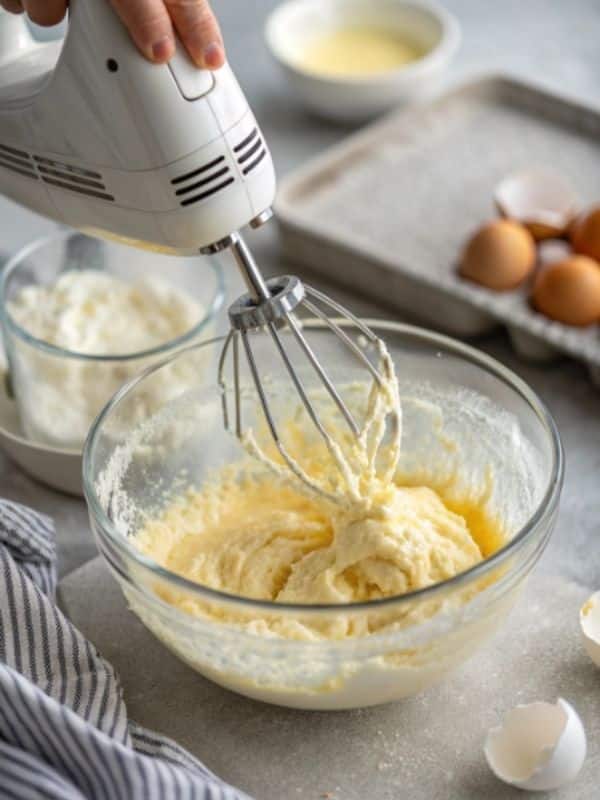 Ubijanie jajek z cukrem do ciasta z serem