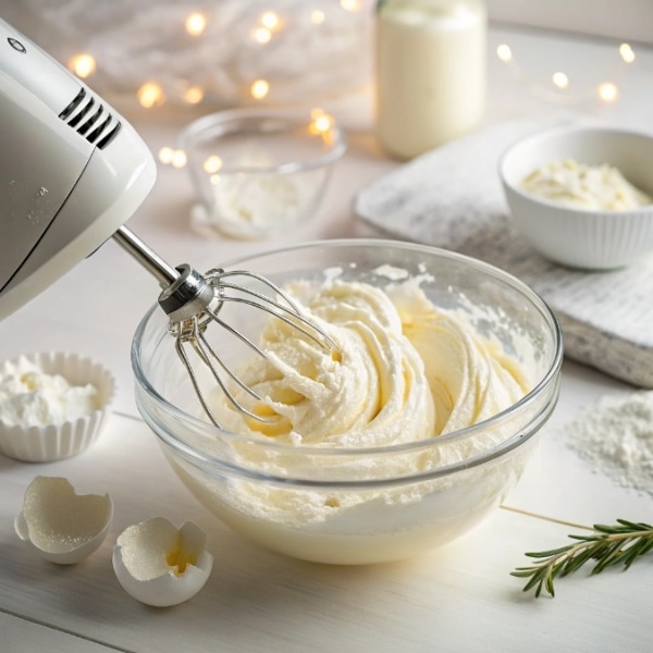 Ubijanie kremu bita śmietana z mascarpone na średnich obrotach