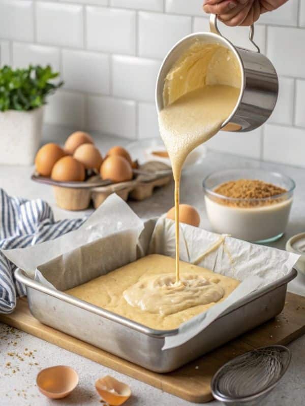 wylewanie masy do formy na ciasto na imieniny