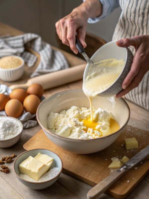 Dodawanie twarogu z wiaderka do masy jajecznej