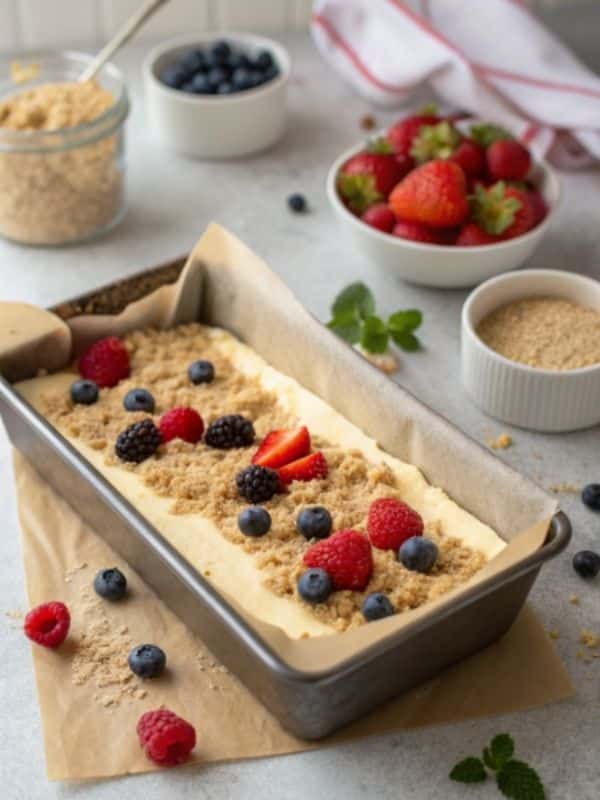 Dekorowanie ciasta serowego owocami i kruszonką