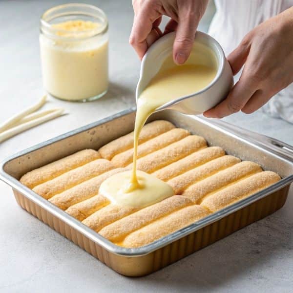 Układanie warstw budyniowca bez pieczenia z biszkoptami