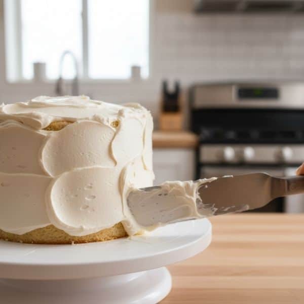 Nakładanie kremu z mascarpone na tort przy użyciu szpatułki cukierniczej