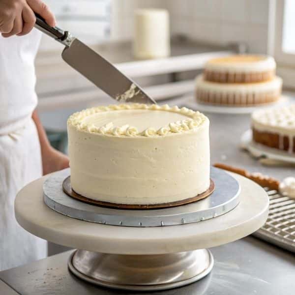 nakładanie kremu z mascarpone i śmietanki na tort do tynkowania