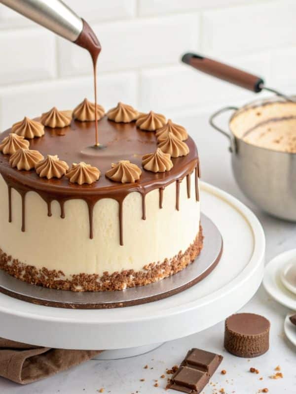 tynkowanie tortu kinder bueno kremem maślanym i polewa czekoladowa