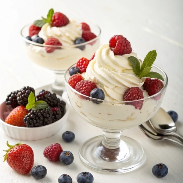 Gotowy krem bita śmietana z mascarpone podany jako deser w pucharku