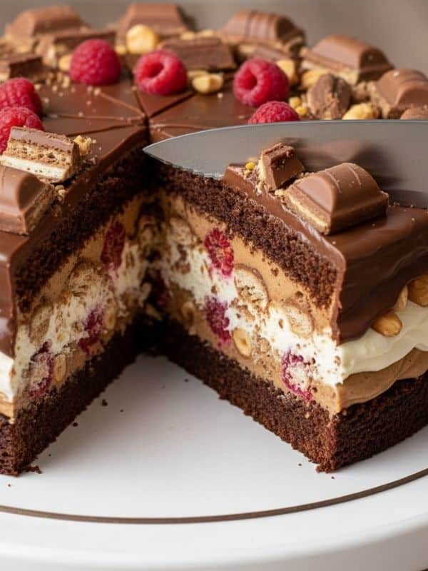 krojenie tortu kinder bueno gorącym nożem na kawałki