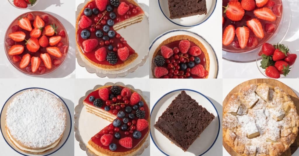 Kolaż 3x3 szybkie i tanie ciasto urodzinowe w różnych wersjach z galaretką owocami i biszkoptem