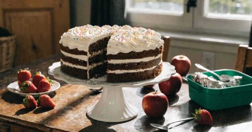 Domowe ciasto do szkoły pokrojone na kawałki obok śniadaniówki i świeżych owoców