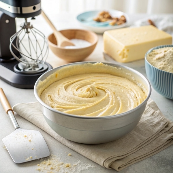 Gładka masa na sernik puszysty i wilgotny w misce przed pieczeniem