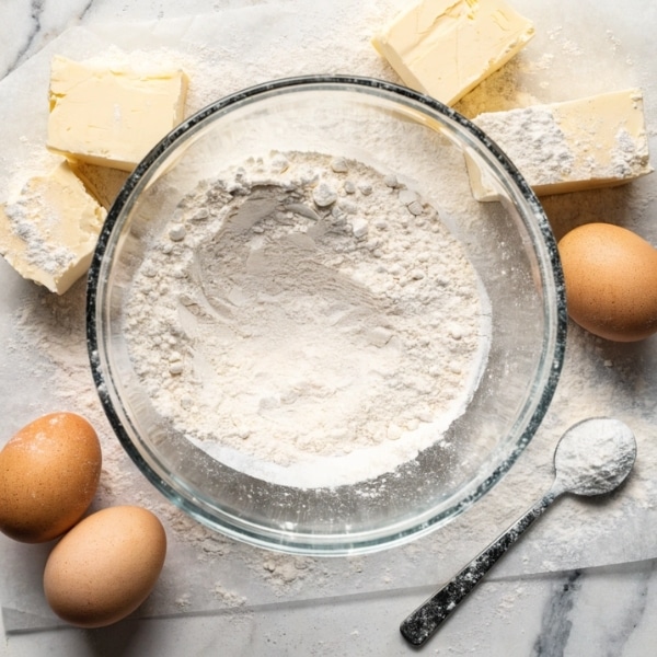 Składniki na ciasto proste w temperaturze pokojowej mąka jajka masło i proszek do pieczenia