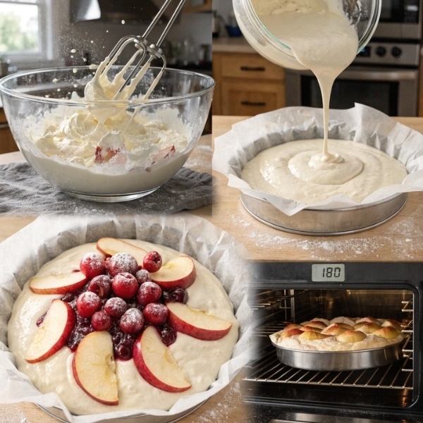 Ciasto proste sprawdzone przepisy 2026 10 Przygotowanie ciasta prostego z owocami mieszanie masy i forma wyłożona papierem do pieczenia