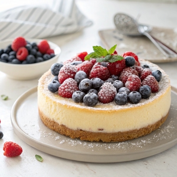 Szybkie ciasto z serem z wiaderka z malinami przed podaniem