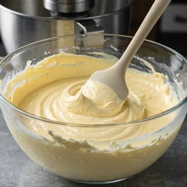 Gładka i kremowa masa na sernik który każdemu wychodzi mieszana w szklanej misce.