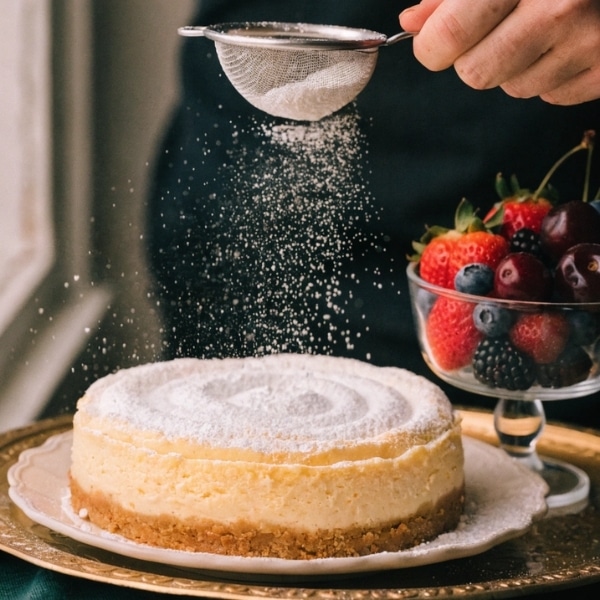 Dekorowanie sernika który każdemu wychodzi cukrem pudrem przez sitko.