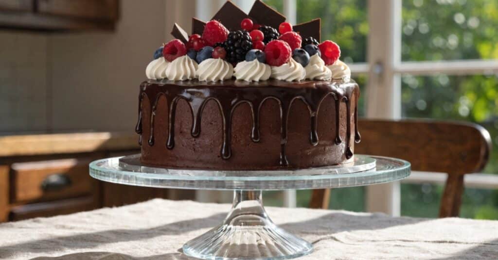 dekoracja tortu czekoladowego owoce i drip cake