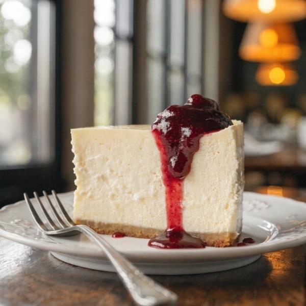 Ukrojony kawałek puszystego deseru jakim jest sernik który każdemu wychodzi na białym talerzyku.