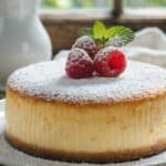 Sernik tradycyjny puszysty i wysoki posypany cukrem pudrem na drewnianym stole
