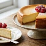 Upieczony, puszysty sernik który każdemu wychodzi udekorowany malinami na drewnianym stole.