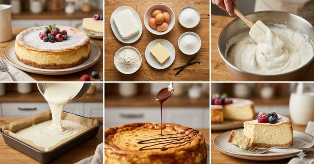 Sernik tradycyjny krok po kroku od składników takich jak twaróg i jajka przez mieszanie masy serowej aż po gotowy puszysty wypiek z owocami