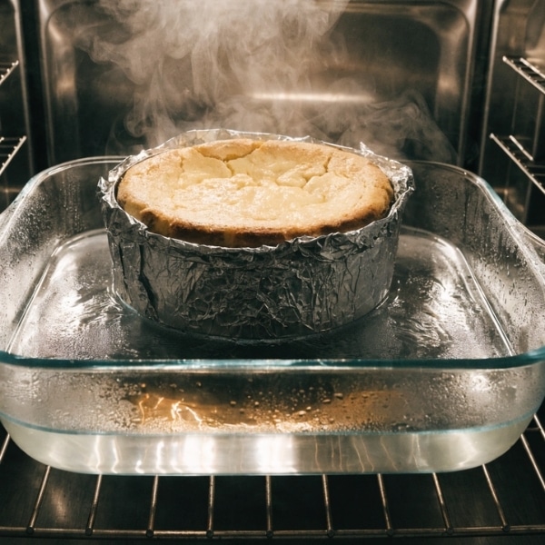 Pieczenie sernika w kąpieli wodnej folia aluminiowa i para wodna