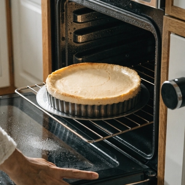 Studzenie sernika w uchylonym piekarniku po upieczeniu