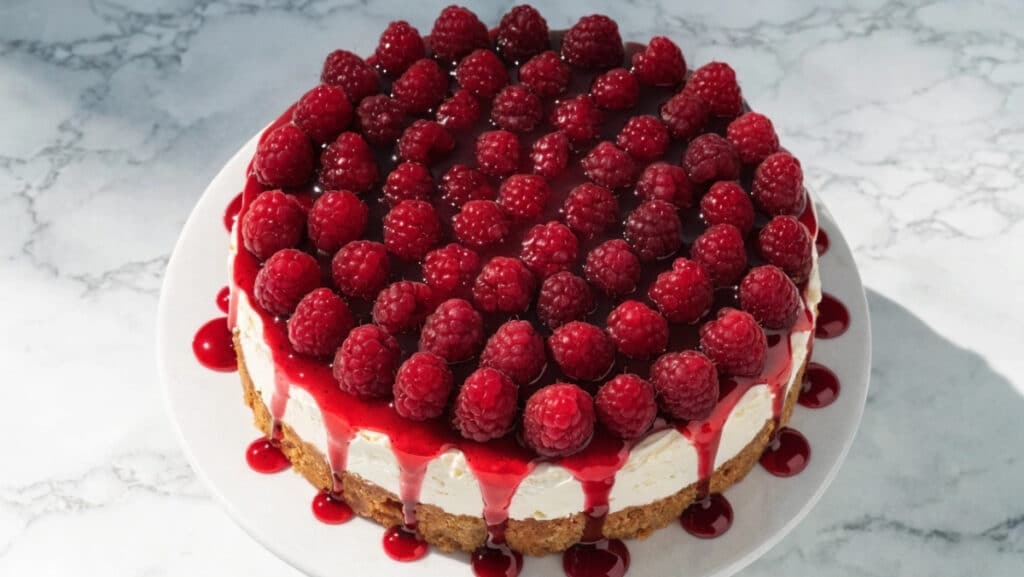 sernik na zimno z mascarpone z malinami i galaretką na tortownicy