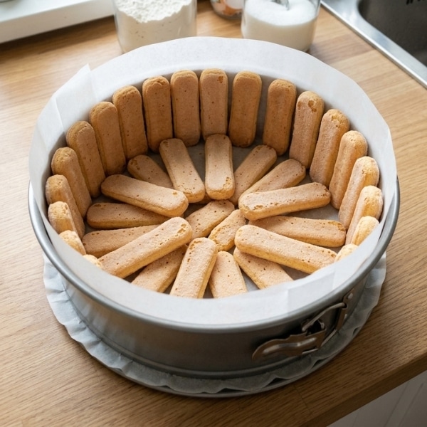 Przygotowanie spodu sernika z biszkoptów i masy mascarpone.