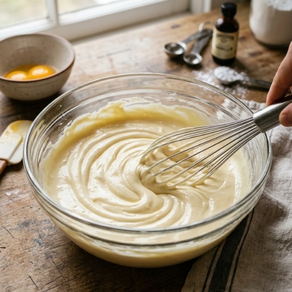 Mieszanie kremowej masy mascarpone w szklanej misce.