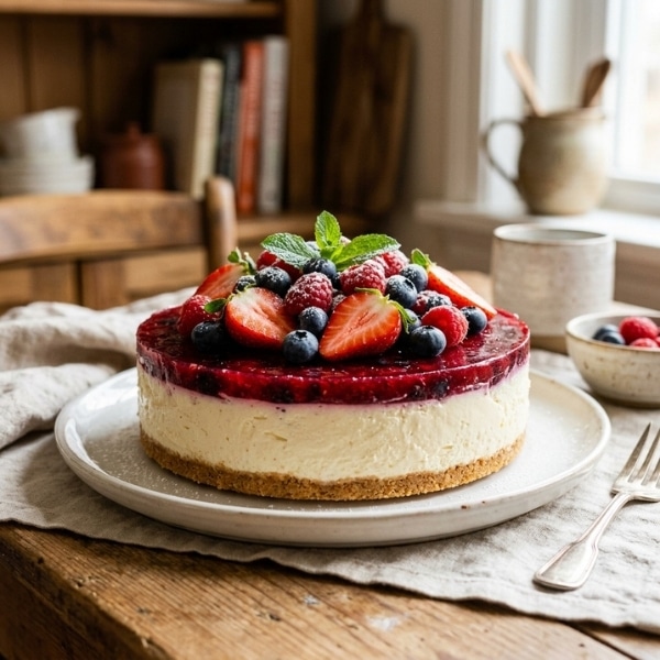 Gotowy sernik na zimno z mascarpone z owocową galaretką i świeżymi owocami.