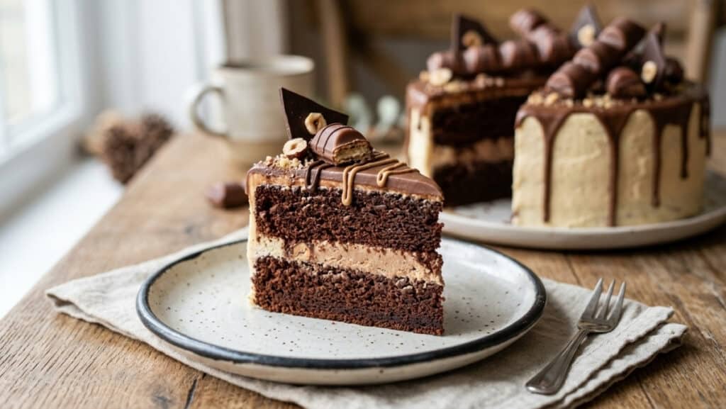 Wysoki tort z Kinder Bueno z dripem czekoladowym i batonikami na wierzchu