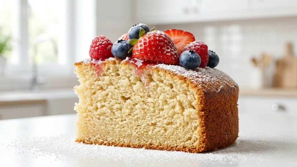 Szybkie ciasto bezglutenowe z truskawkami i cukrem pudrem na jasnym blacie kuchennym