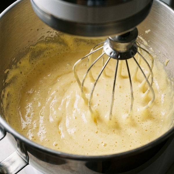 Masa jajeczna z cukrem ubijana mikserem kuchennym na puszysty krem do ciasta bez glutenu