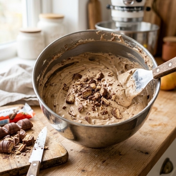 Aksamitny krem z mascarpone do tortu z Kinder Bueno w misce miksera