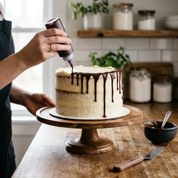 Dekorowanie tortu z Kinder Bueno tynkiem maślanym i dripem czekoladowym
